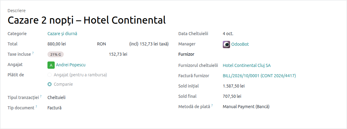 The expense form: transaction type, document type, vendor, the linked bill and both balances